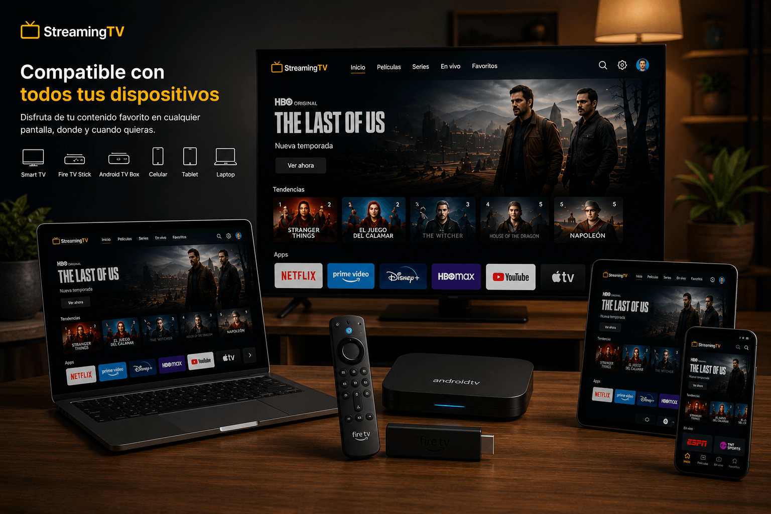 StreamingTV disponible en Smart TV, celular, tablet, computadora y TV Box