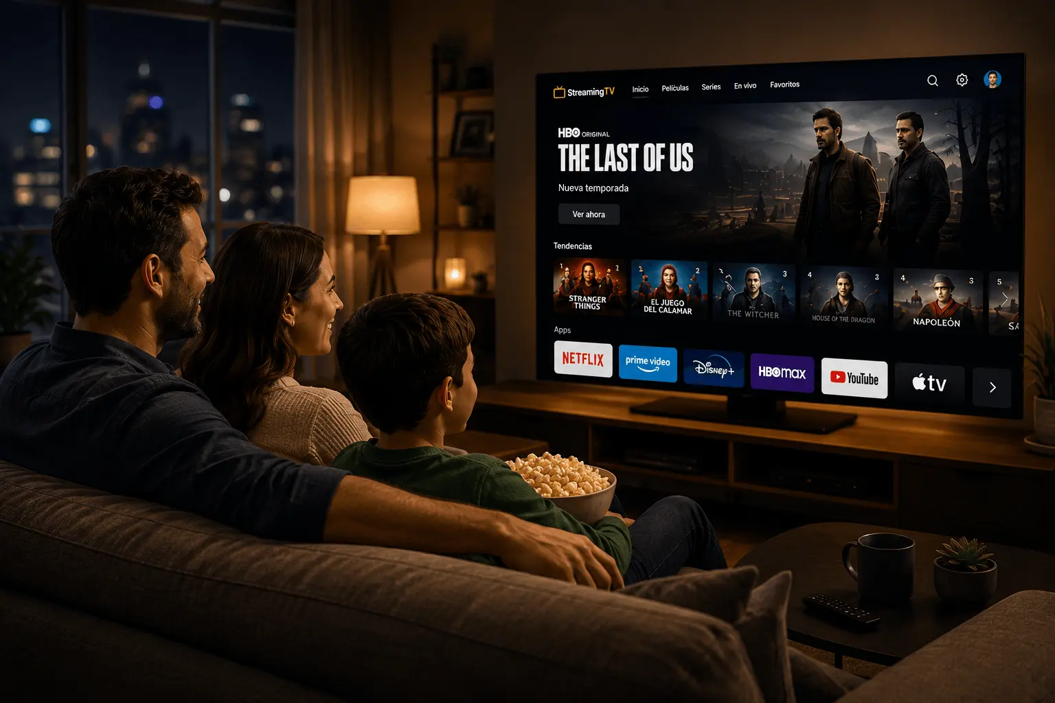 Familia disfrutando StreamingTV en un Smart TV